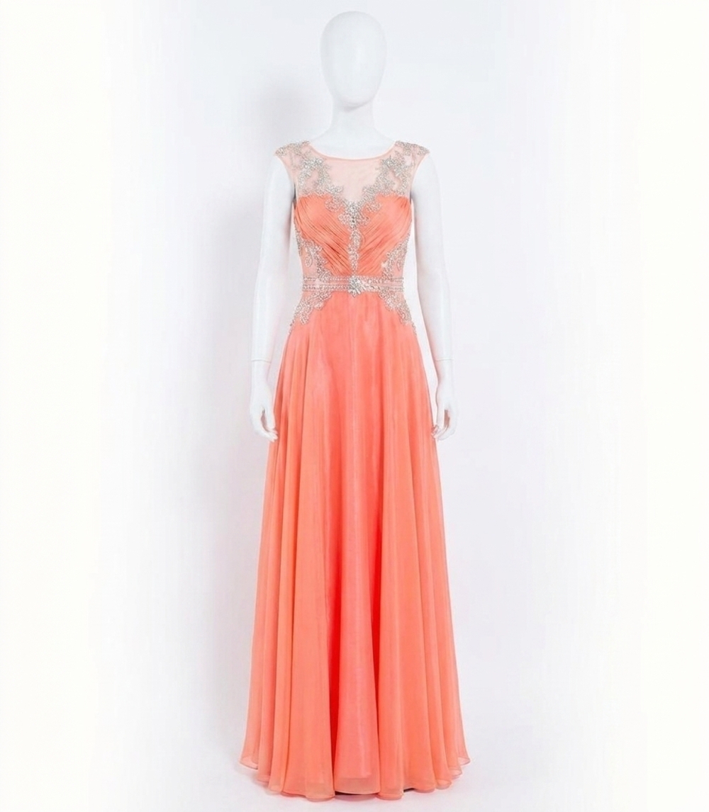 NEW RACHEL ALLAN beaded chiffon prom gown in coral